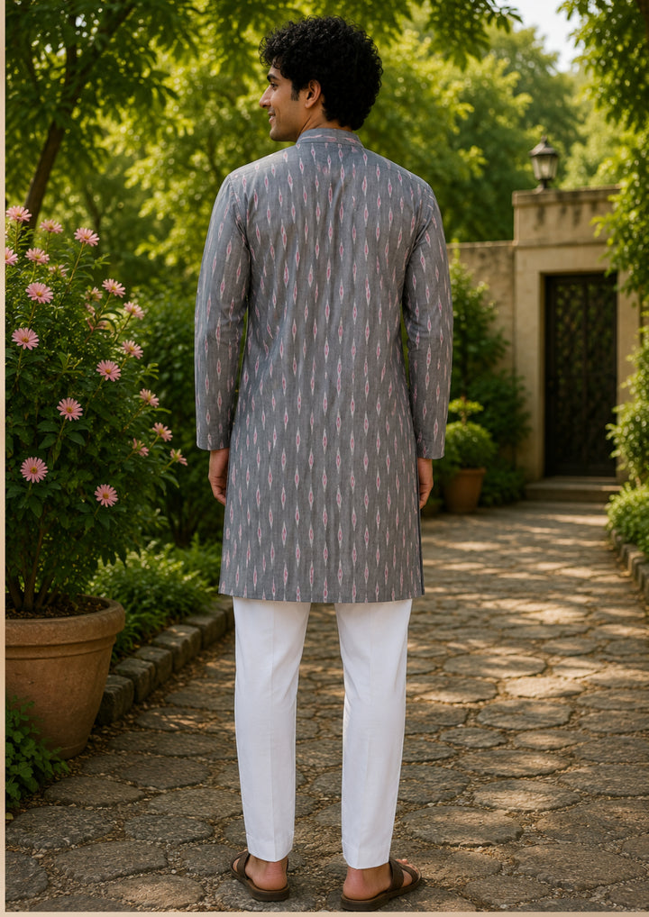 Men’s Long Kurta – Grey Base with Multicolor Ikat Vertical Stripe Motif