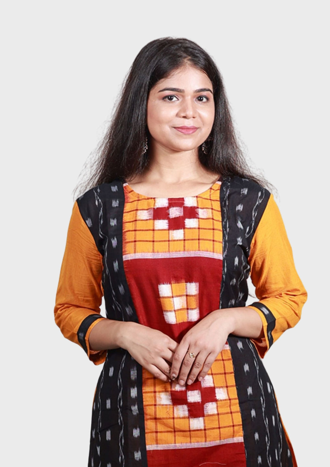Sambalpuri Women's Kurti - Hand-woven Sapta Design Women Kurta in Yellow