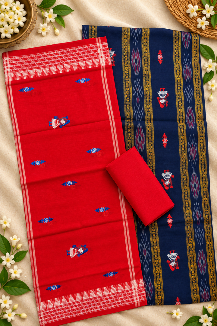 Women's Sambalpuri Coral Red & Navy Blue Unstitched Suit Material with Dupatta