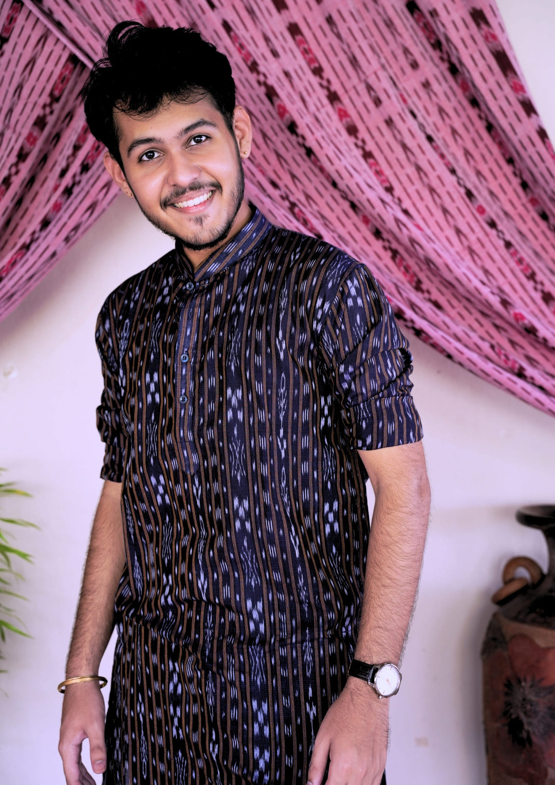 Sambalpuri Men’s Long Kurta – Navy Blue with Brown Ikat Vertical Stripe Motif
