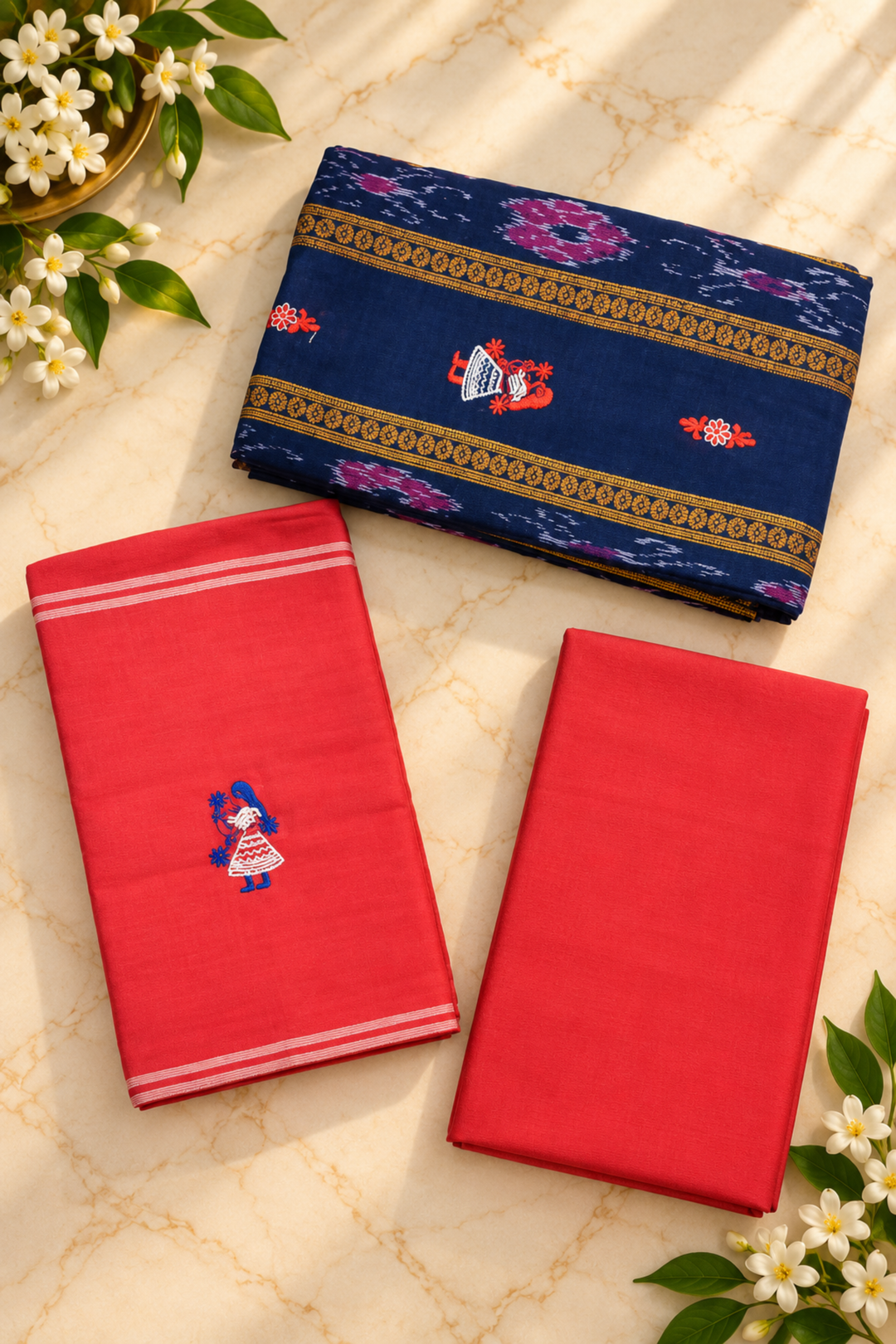 Women's Sambalpuri Coral Red & Navy Blue Unstitched Suit Material with Dupatta