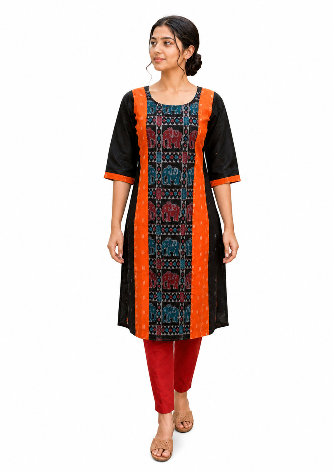 Sambalpuri Women's Kurti - Royal Elephant Motif Cotton Kurti