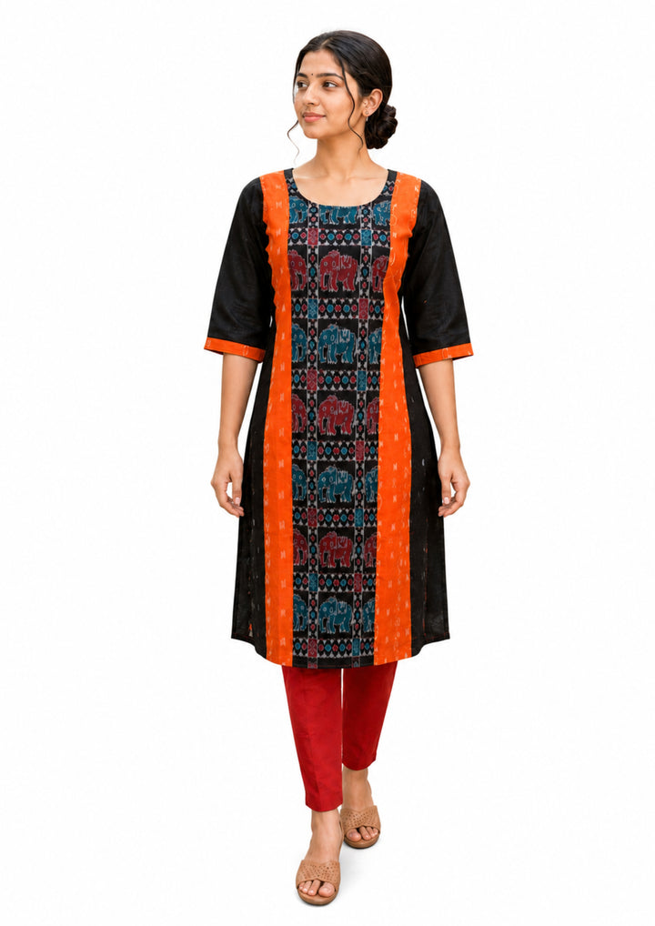 Sambalpuri Women's Kurti - Royal Elephant Motif Cotton Kurti