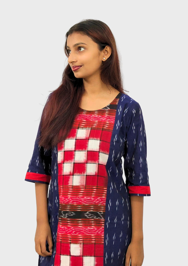 Sambalpuri Women's Kurti – Navy Blue with Red and White Pasapali Ikat Motif