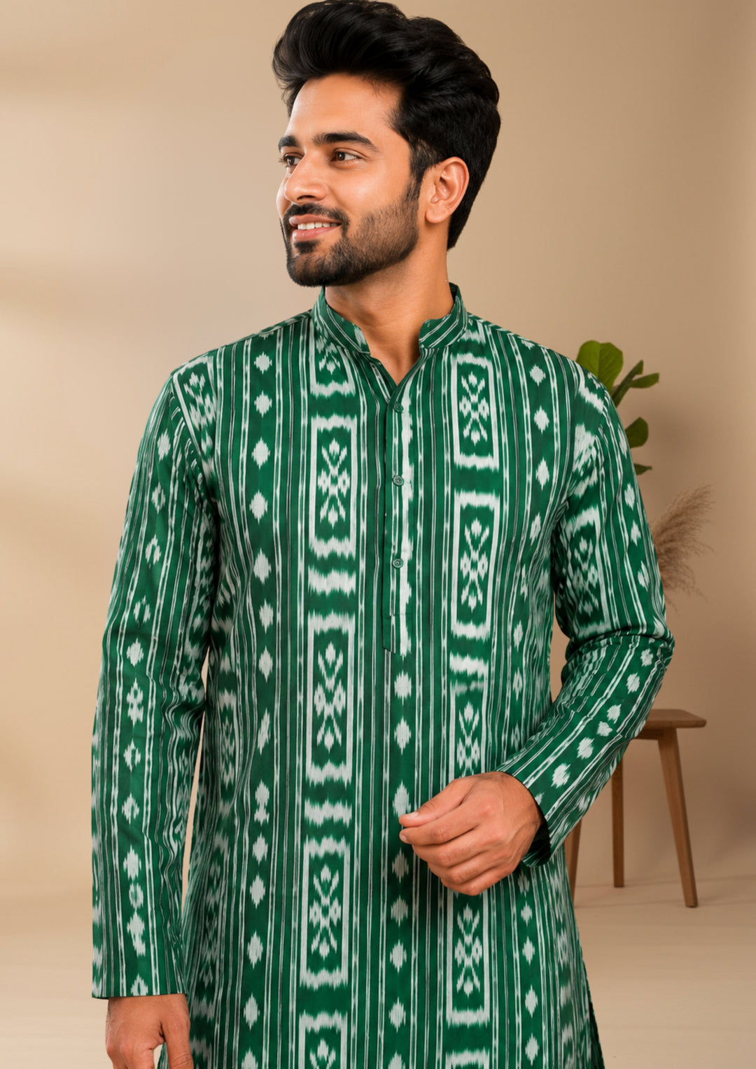 Sambalpuri Men's Long Kurta - Emerald Green Kurta