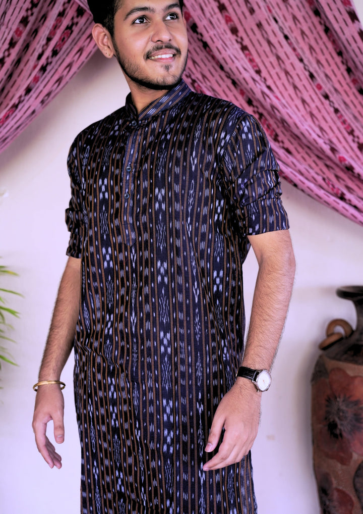 Sambalpuri Men’s Long Kurta – Navy Blue with Brown Ikat Vertical Stripe Motif