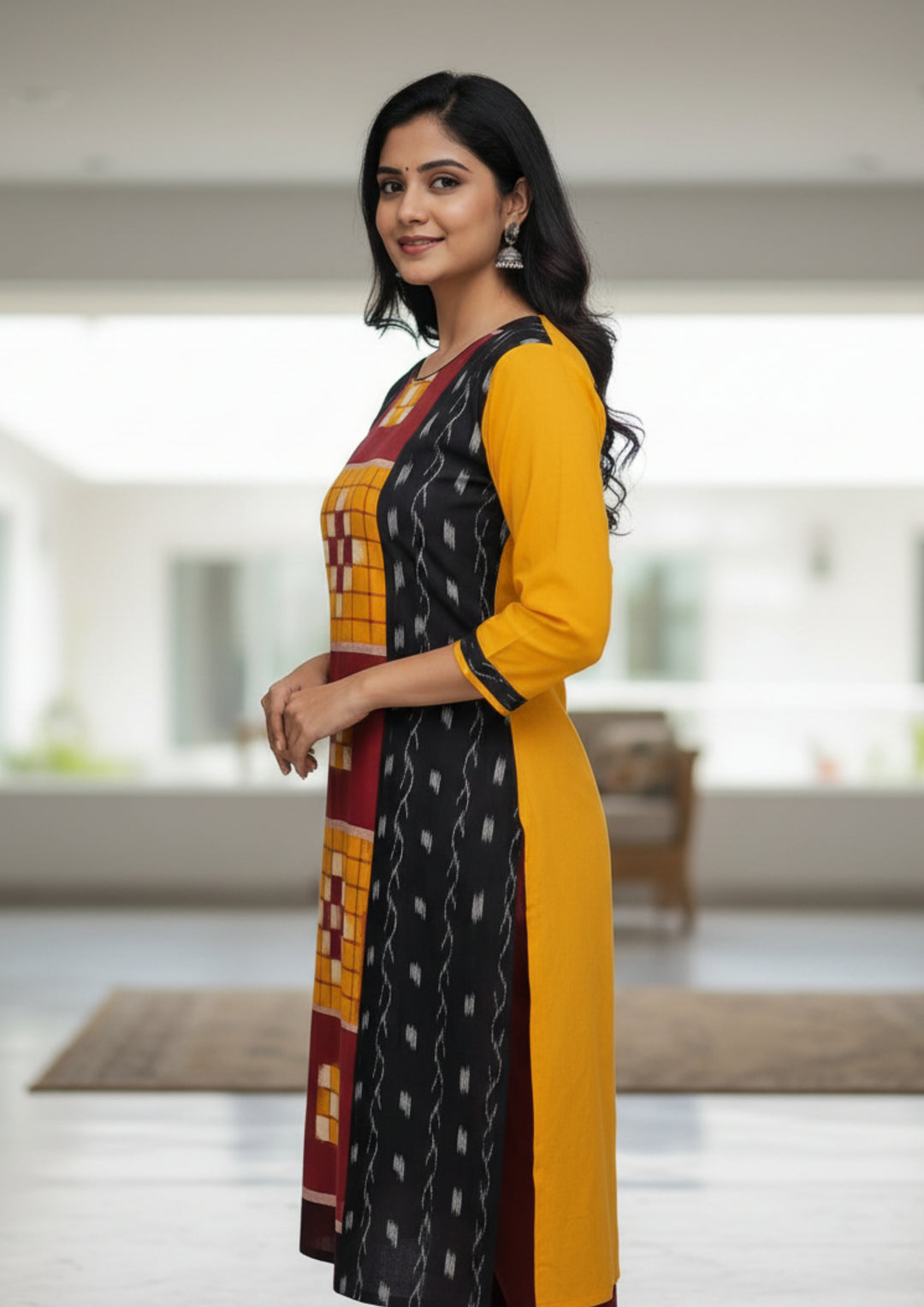 Sambalpuri Women's Kurti - Hand-woven Sapta Design Women Kurti in Yellow