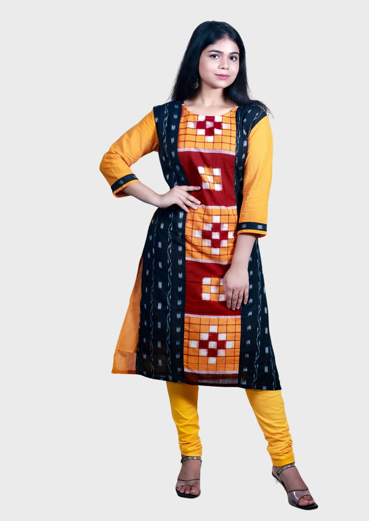 Sambalpuri Women's Kurti - Hand-woven Sapta Design Women Kurta in Yellow
