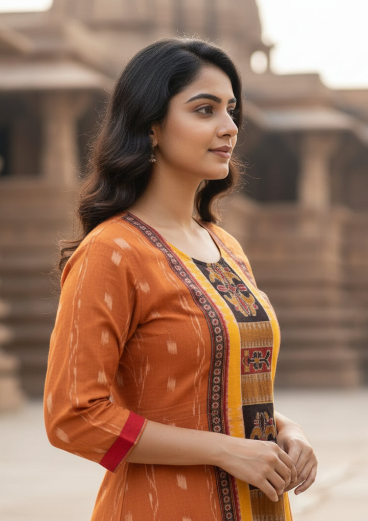 Sambalpuri Utkal Laxmi Heritage Gown – Yellow Red Flower with Sunrise Orange Edition