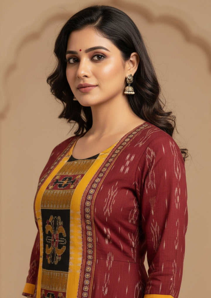 Sambalpuri Utkal Laxmi Heritage Gown – Yellow Red Flower with Maroon & Mustard Edition