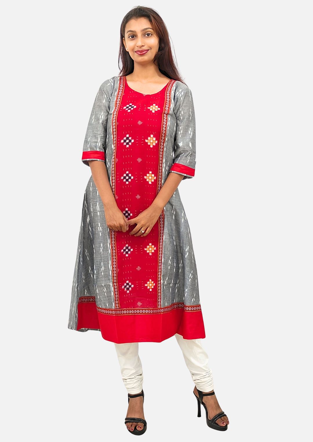 Sambalpuri Women’s Gown– Grey with Red Ikat Panel and Multicolor Floral Motif