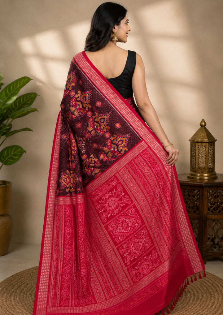 Handwoven Maroon Sambalpuri Patta Saree with Red Pallu and Tribal Motifs