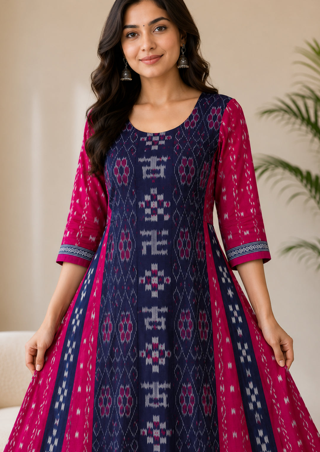 Sambalpuri Long Gown – Rani Pink & Navy Blue with Silver Border