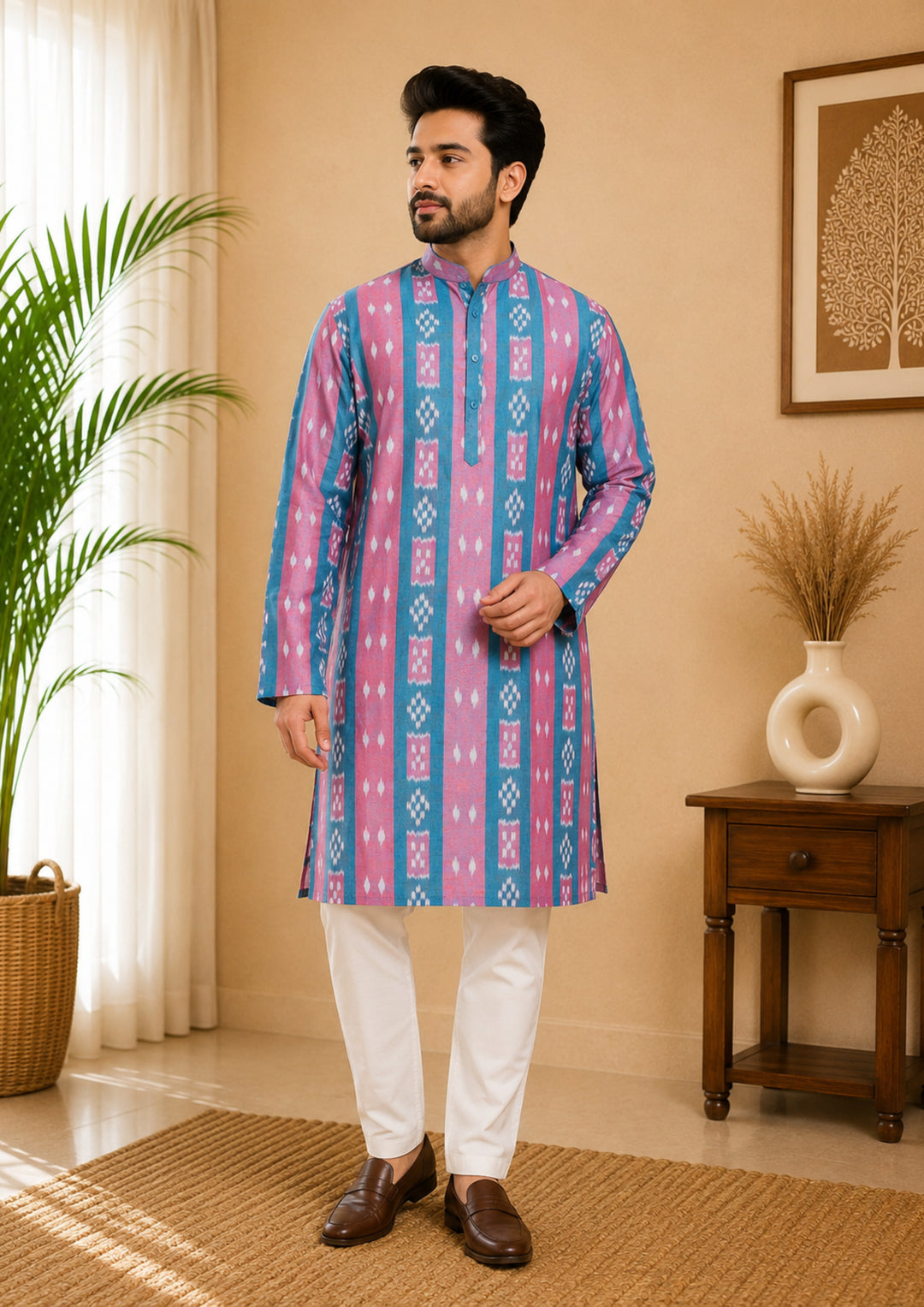 Sambalpuri Men's Long Kurta - Pastel Sky Kurta