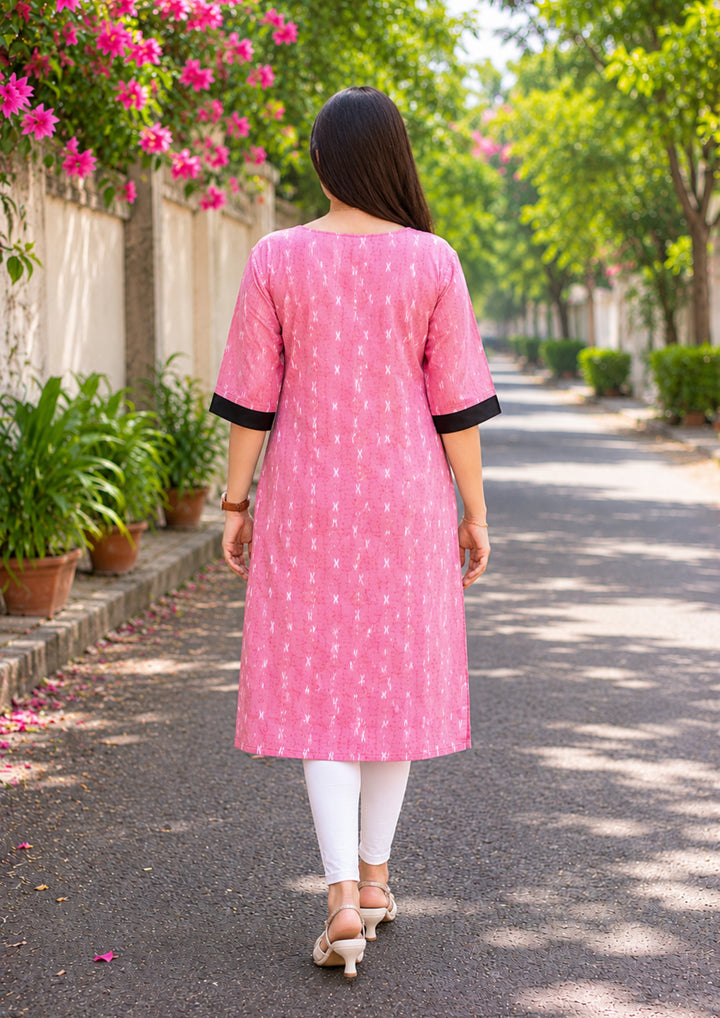 Sambalpuri Women's Kurti - Pink Ethnic Straight Fit Kurti with Tribal Design