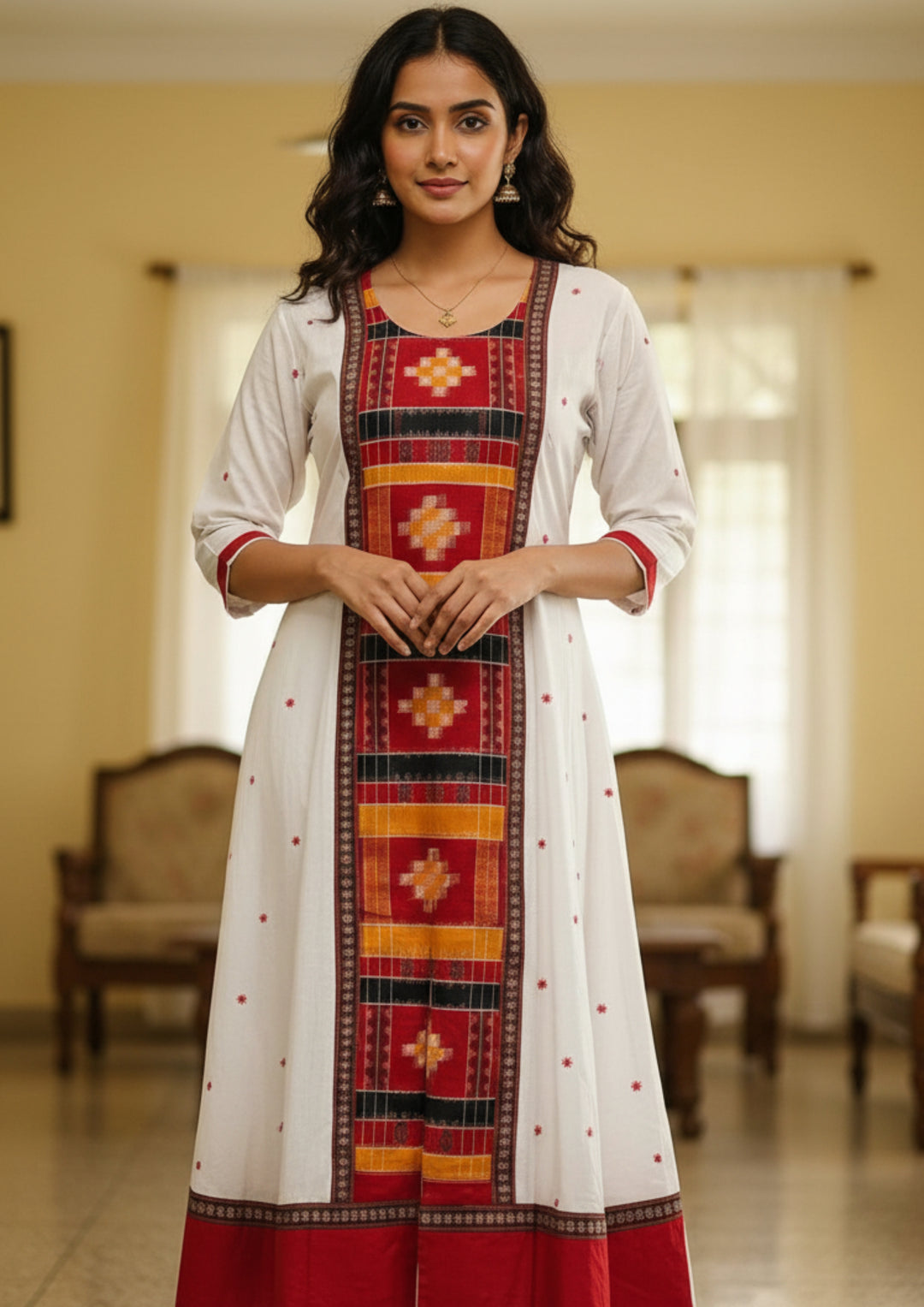 Sambalpuri Utkal Laxmi Heritage Gown – Yellow Red Pasapalli with White & Red Edition