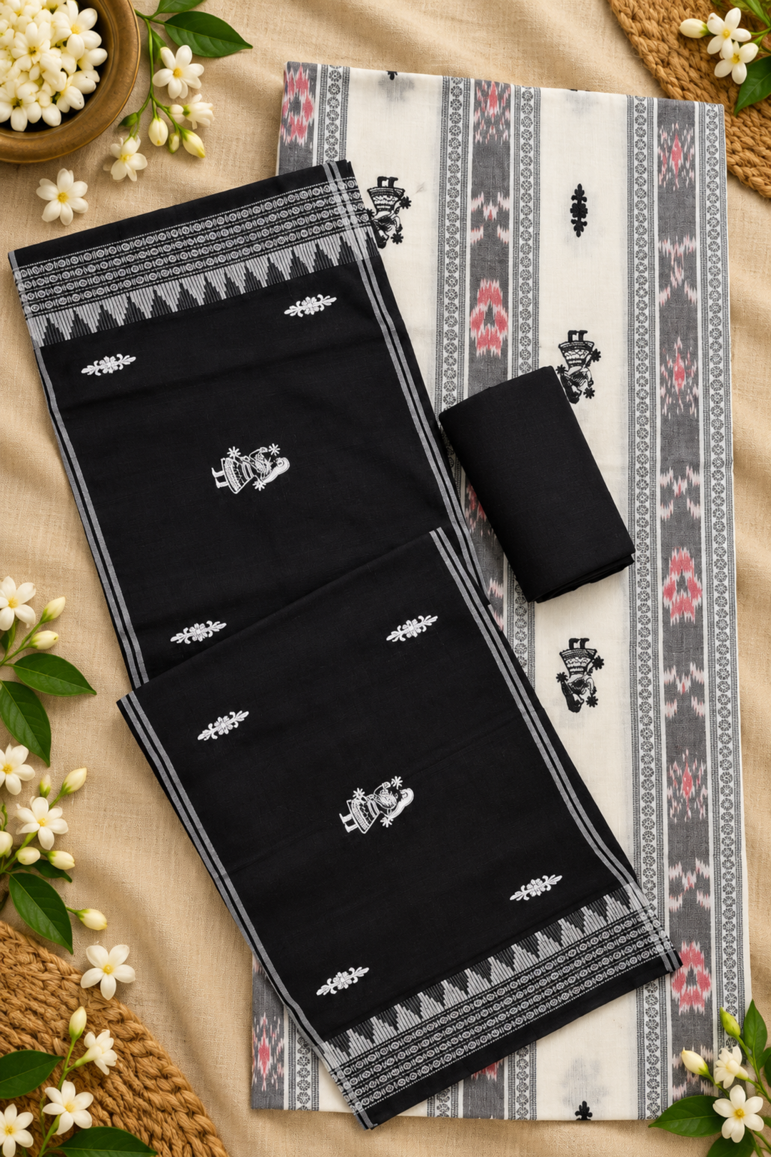 Women’s Sambalpuri Cotton Unstitched Dress Material – White Top, Black Pant &amp; Embroidered Dupatta