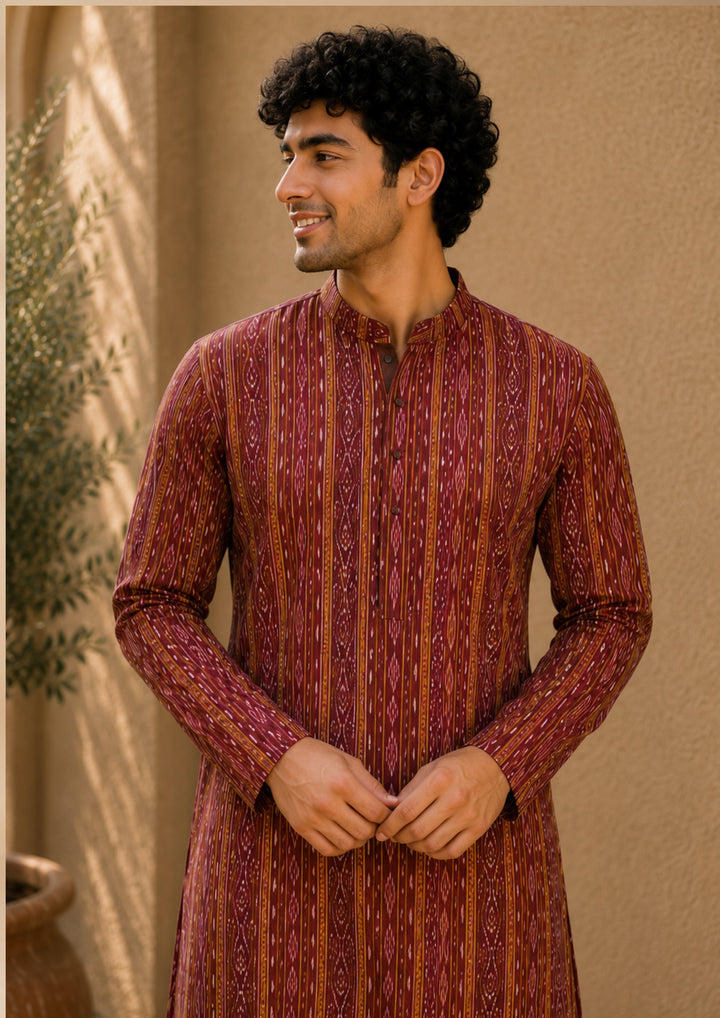 Men’s Long Kurta – Ikat Stripe Pattern Maroon Red Base with Orange & Pink