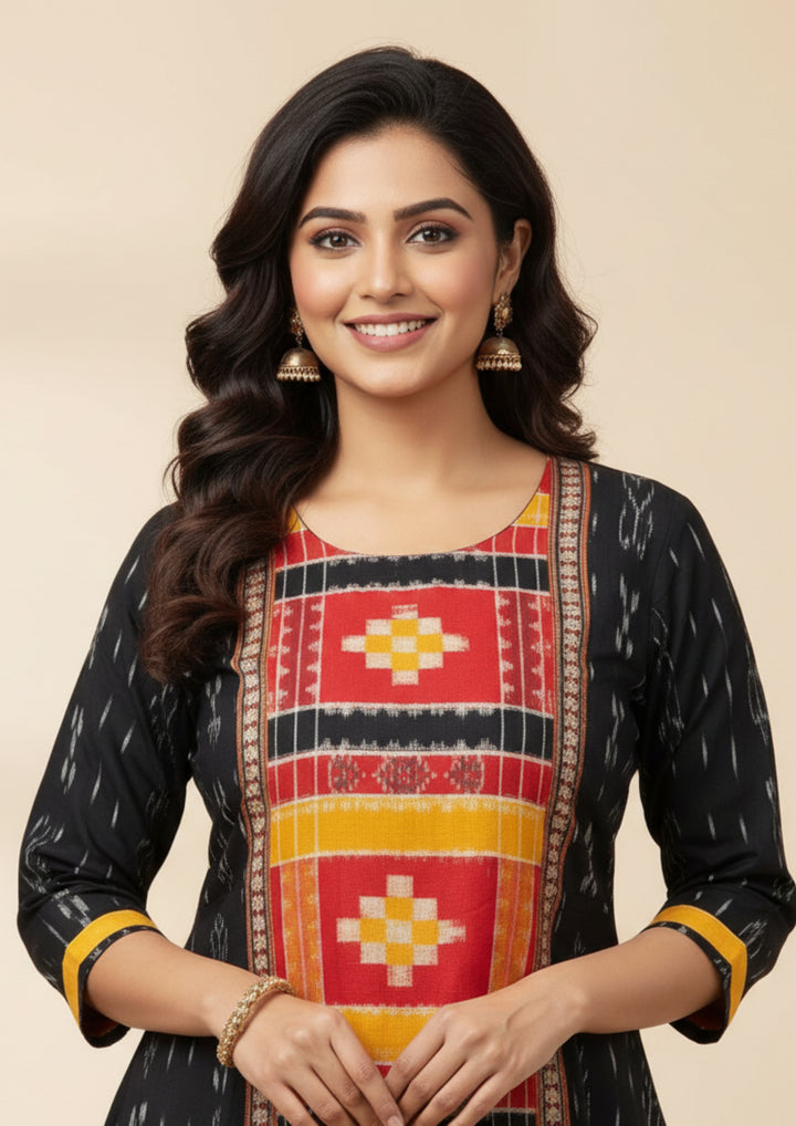 Sambalpuri Utkal Laxmi Heritage Gown – Yellow Red Pasapalli with Black & Marigold Edition