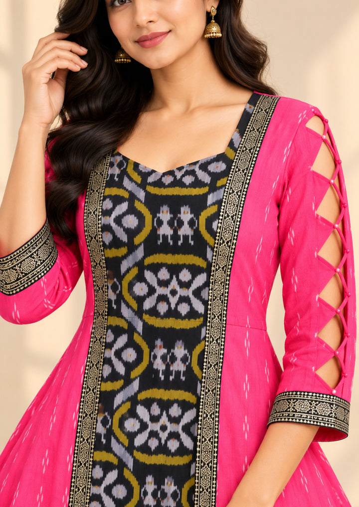Women’s Pure Handloom Sambalpuri Cotton Fuchsia Pink Anarkali with Designer Lace Sleeves