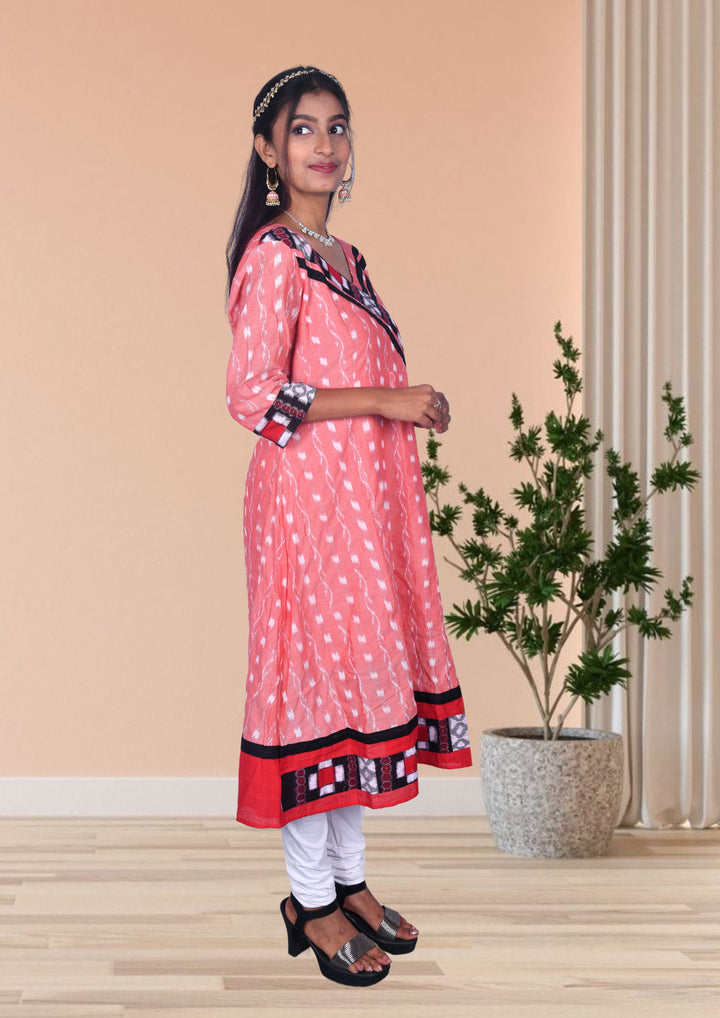 Authentic Sambalpuri Anarkali Design Pure Cotton Women Kurta in Pink
