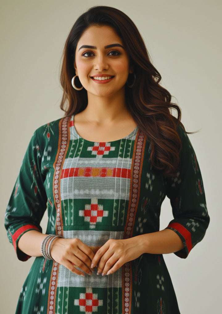 Sambalpuri Utkal Laxmi Heritage Gown – Green Red Pasapalli with Emerald Green Edition