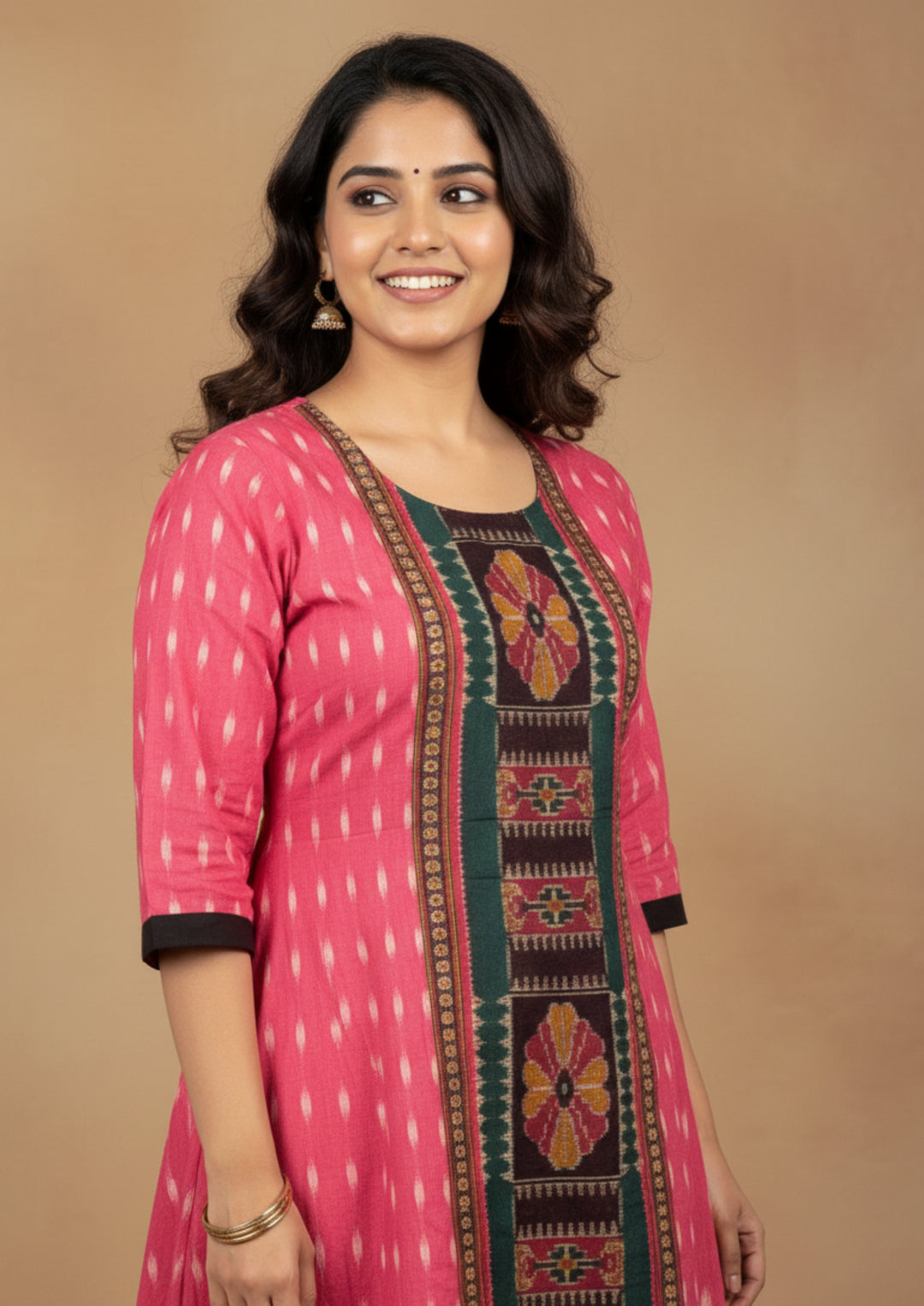 Sambalpuri Utkal Laxmi Heritage Gown – Green Red Flower with Rose Pink Edition