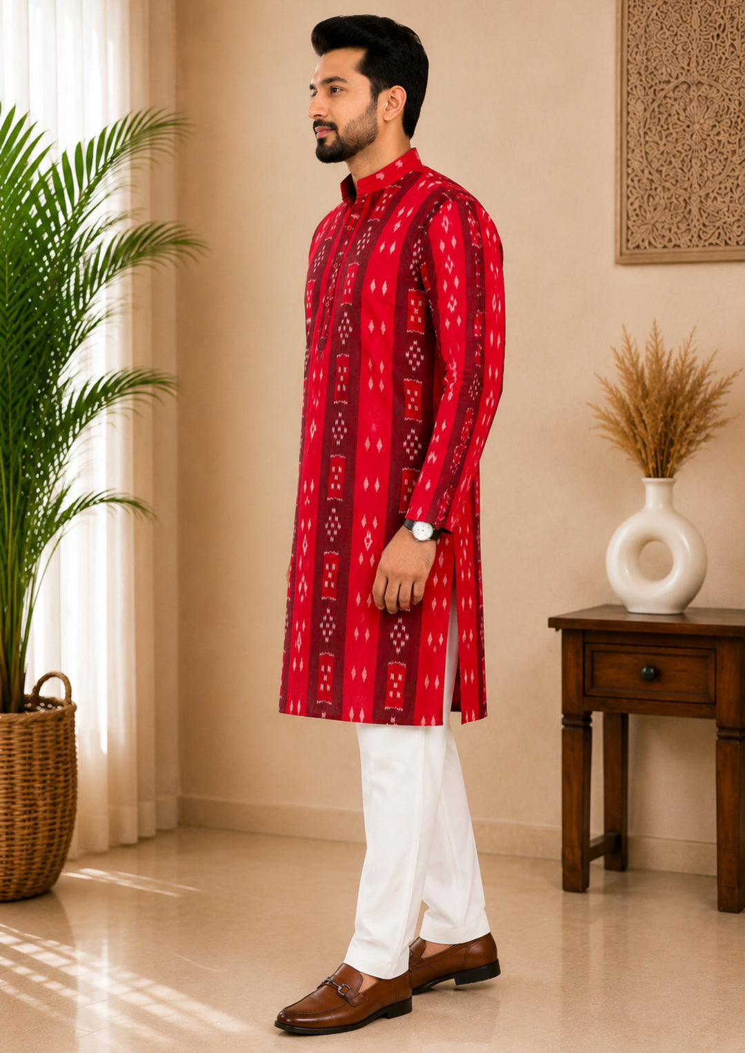 Sambalpuri Men's Long Kurta - Regal Red Kurta