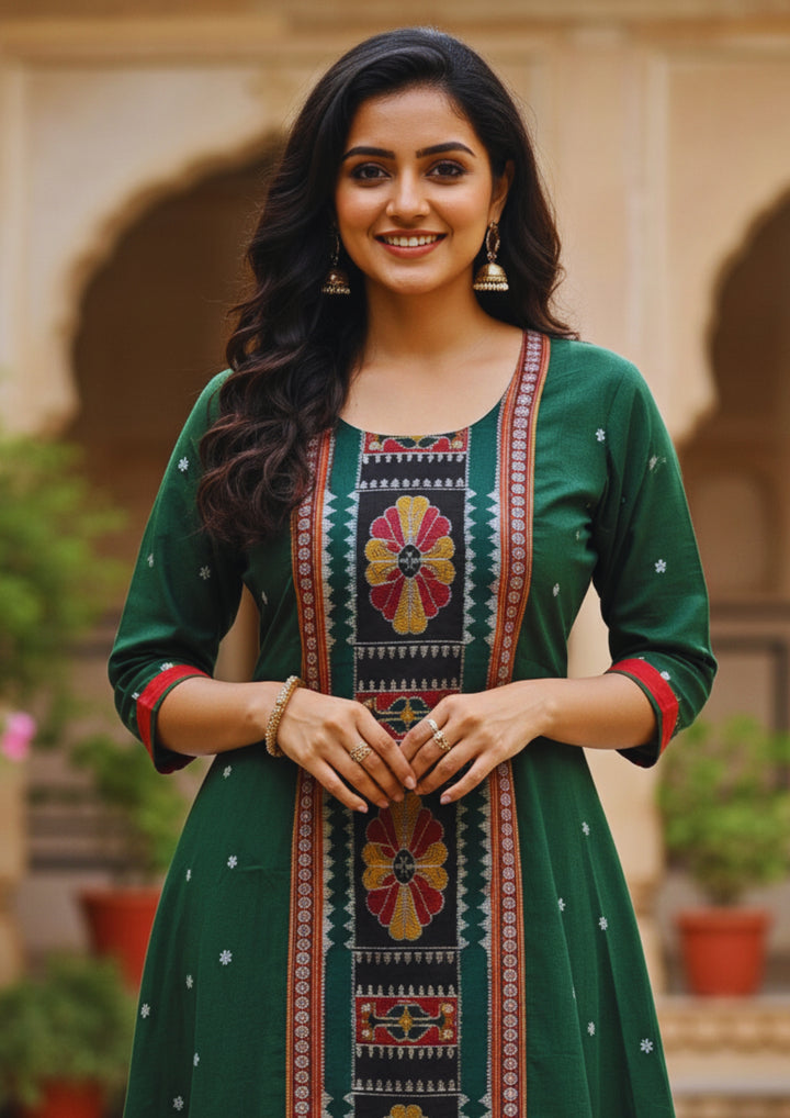 Sambalpuri Utkal Laxmi Heritage Gown – Green Red Flower with Green Butty Edition