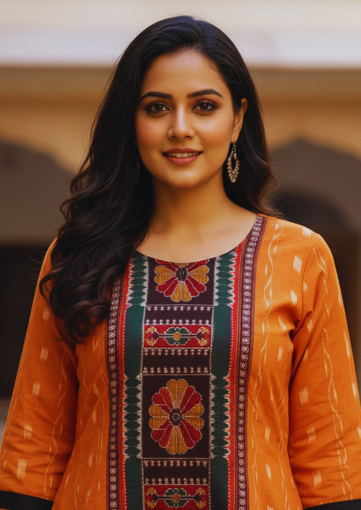 Sambalpuri Utkal Laxmi Heritage Gown – Orange Red Flower with Orange Butty Edition