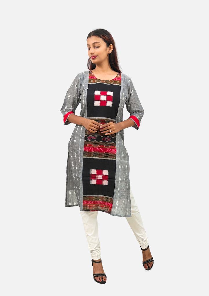 Sambalpuri Women's Kurti – Grey with Black, Red, and White Pasapali Ikat Motif