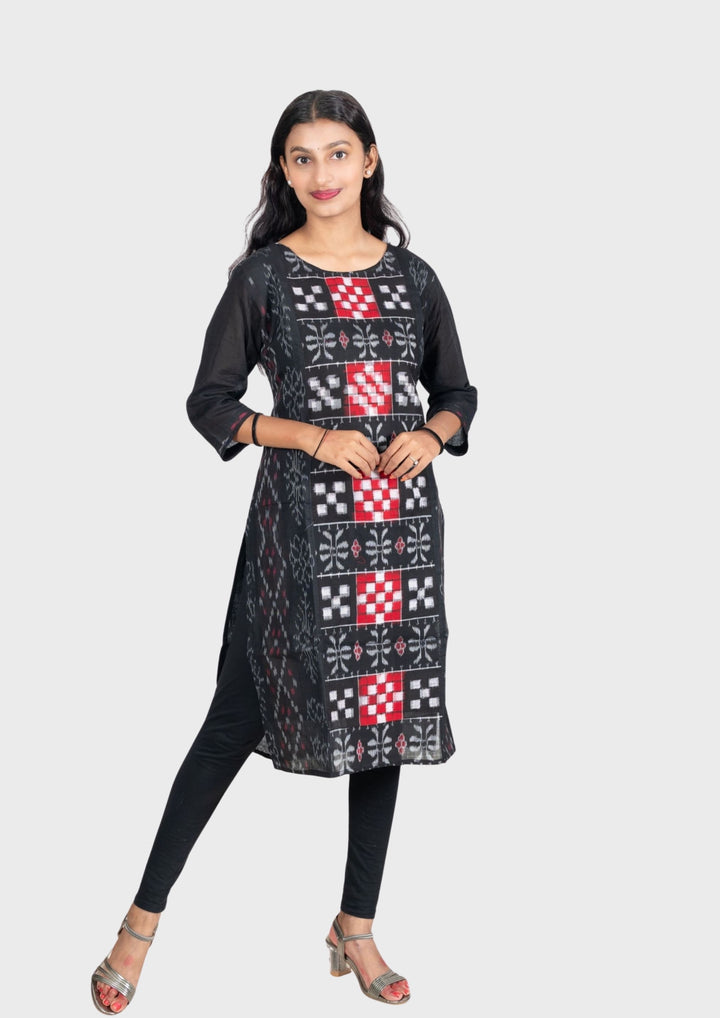 Sambalpuri Women's Kurti - Pure Cotton Black Sapta Design