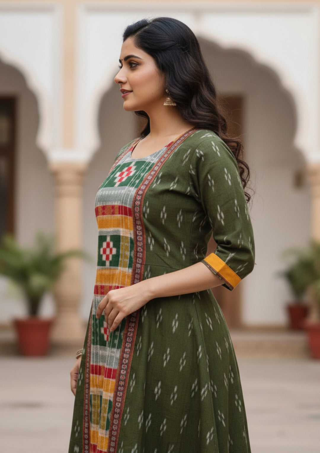 Sambalpuri Utkal Laxmi Heritage Gown – Green Red Pasapalli with Olive Green Edition