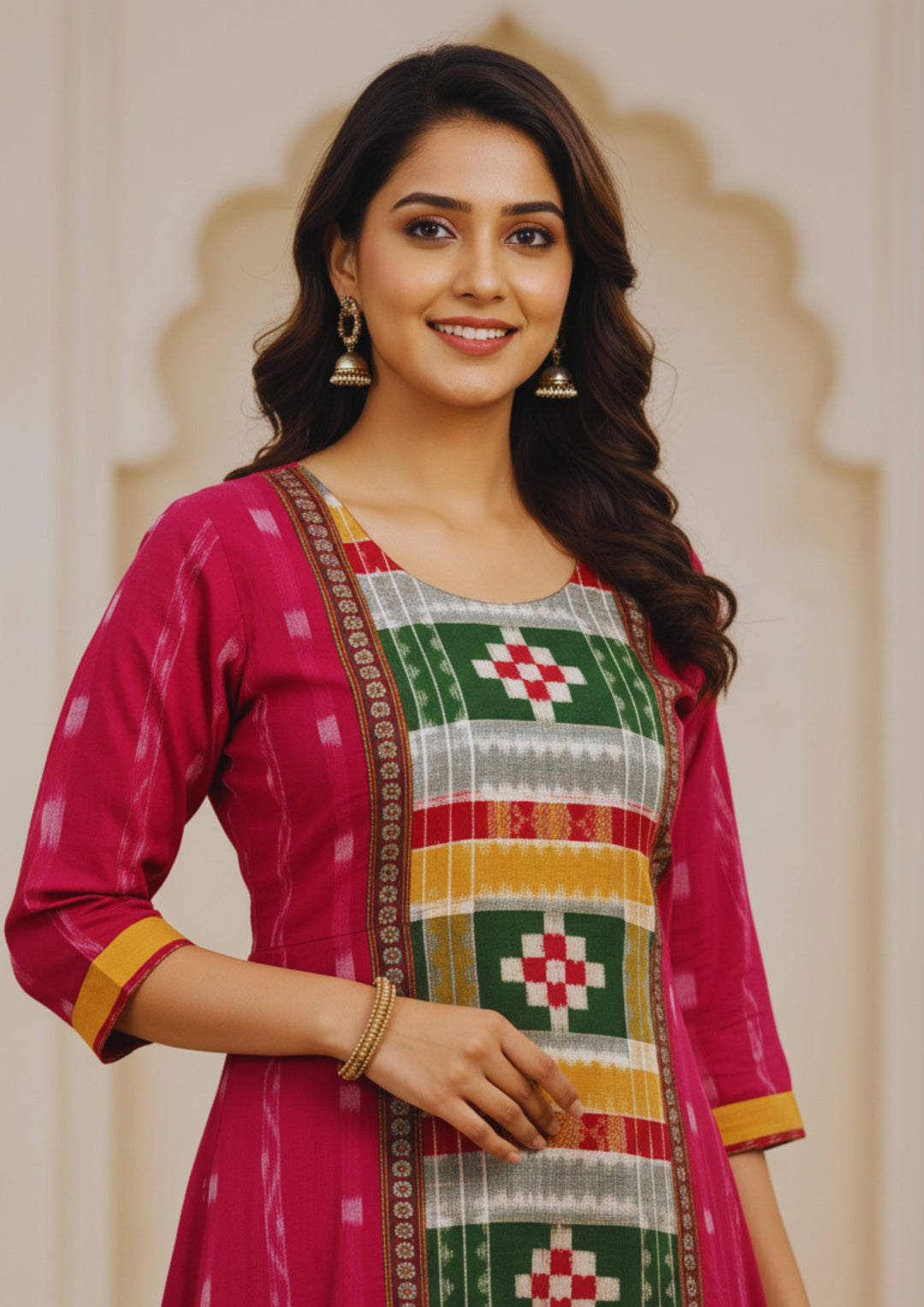 Sambalpuri Utkal Laxmi Heritage Gown – Green Red Pasapalli with Rani Pink Edition