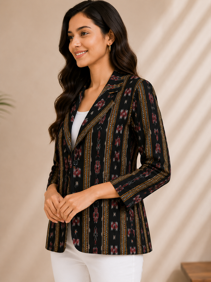 Classic Black Ethnic Printed Cotton Jacket for Women