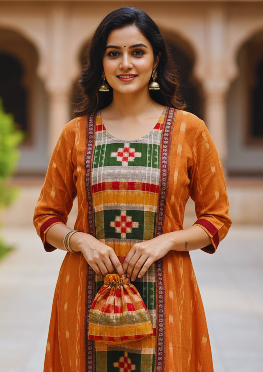 Sambalpuri Utkal Laxmi Heritage Gown – Green Red Pasapalli with Sunset Orange Edition