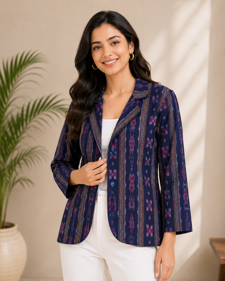 Elegant Indigo Ethnic Printed Cotton Jacket for Women