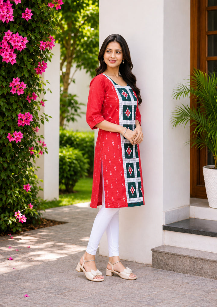 Sambalpuri Women's Kurti - Crimson Heritage Ikat Cotton Kurti