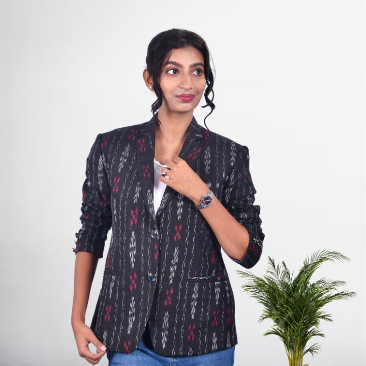 Women Blazer - Hand-woven Sambalpuri Full-sleeve Black Women Blazer