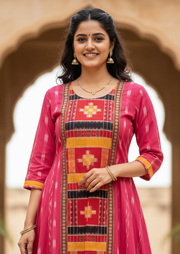 Sambalpuri Utkal Laxmi Heritage Gown – Yellow Red Pasapalli with Pink Blossom Edition