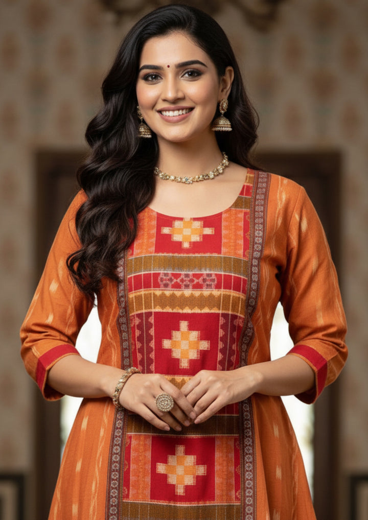 Sambalpuri Utkal Laxmi Heritage Gown – Yellow Red Pasapalli with Sunset Orange Edition
