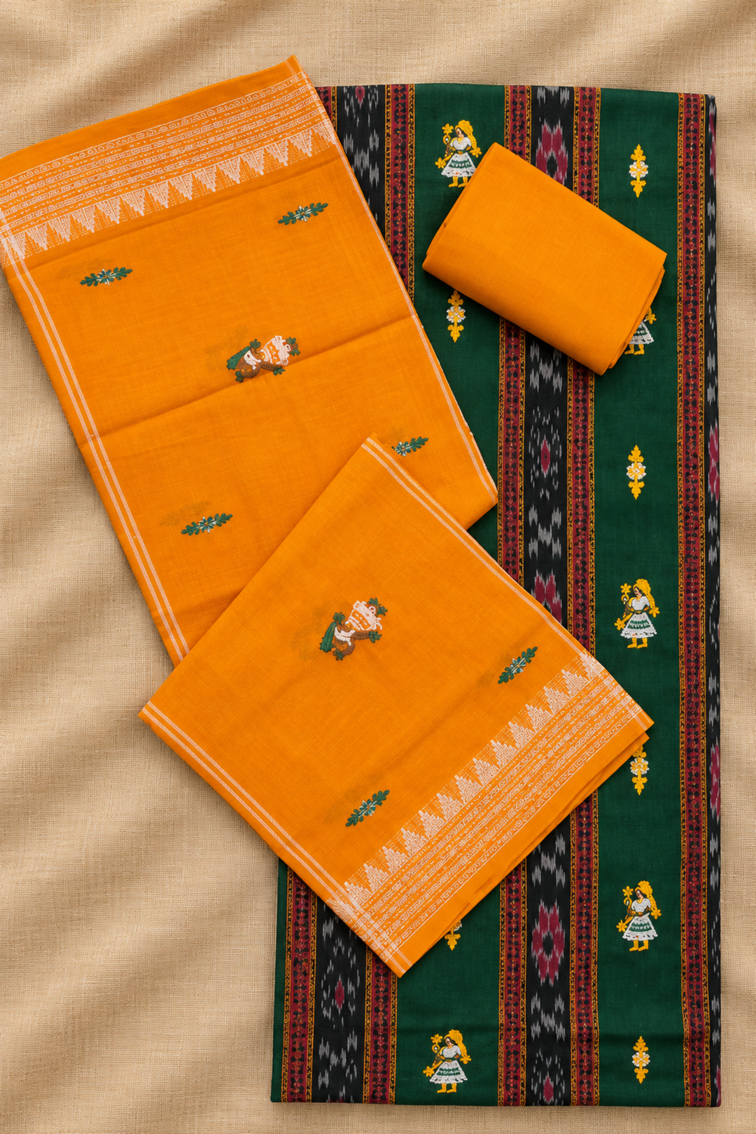 Women's Sambalpuri Mustard Orange & Dark Green Unstitched Suit Material with Dupatta