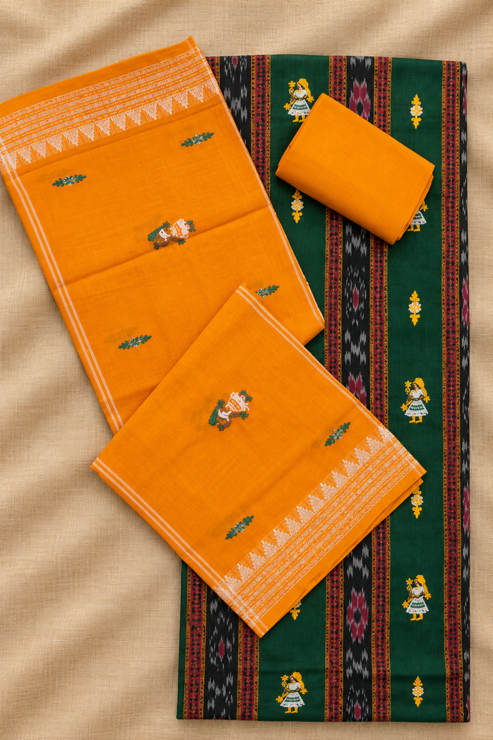 Women's Sambalpuri Mustard Orange & Dark Green Unstitched Suit Material with Dupatta