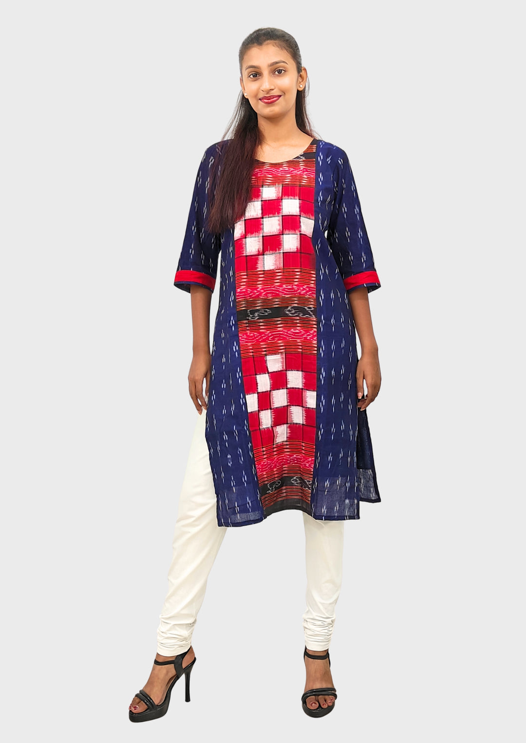 Sambalpuri Women's Kurti – Navy Blue with Red and White Pasapali Ikat Motif