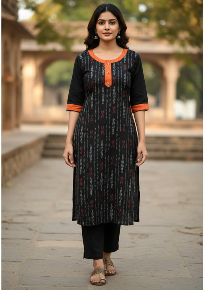 Sambalpuri Women’s Kurti – Black with Orange Collar and Cuff Detailing in Traditional Ikat Pattern