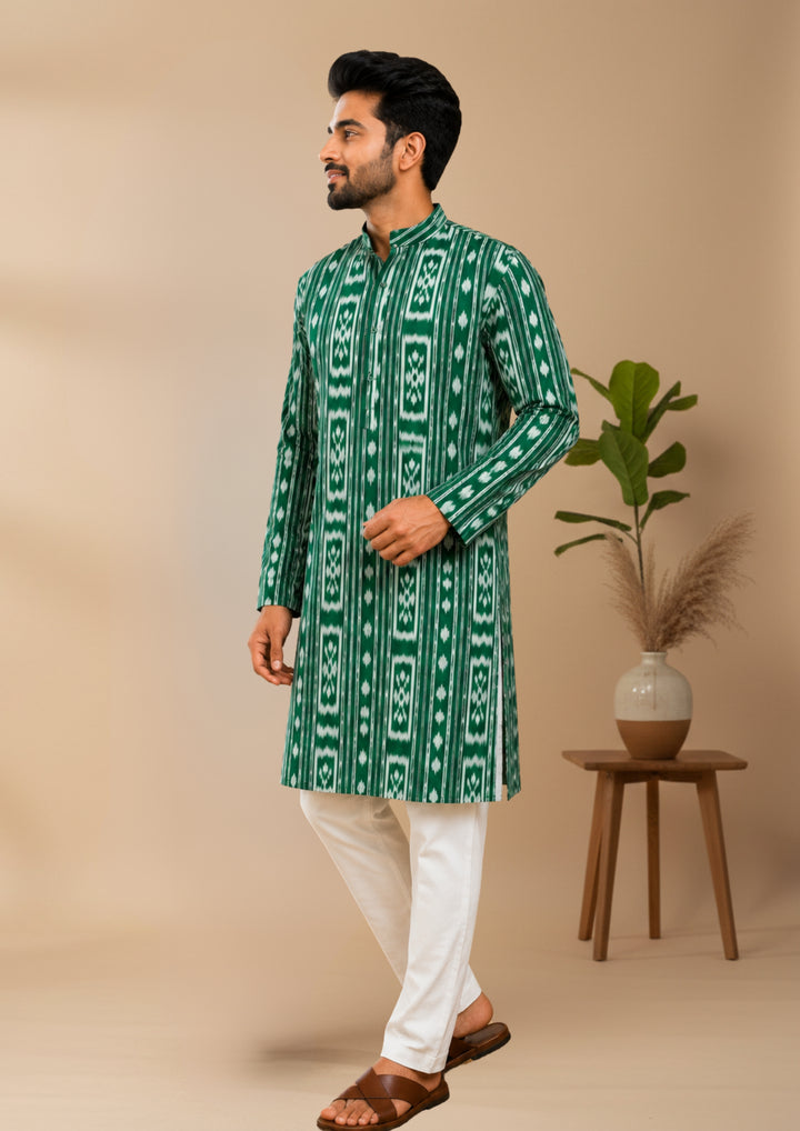 Sambalpuri Men's Long Kurta - Emerald Green Kurta