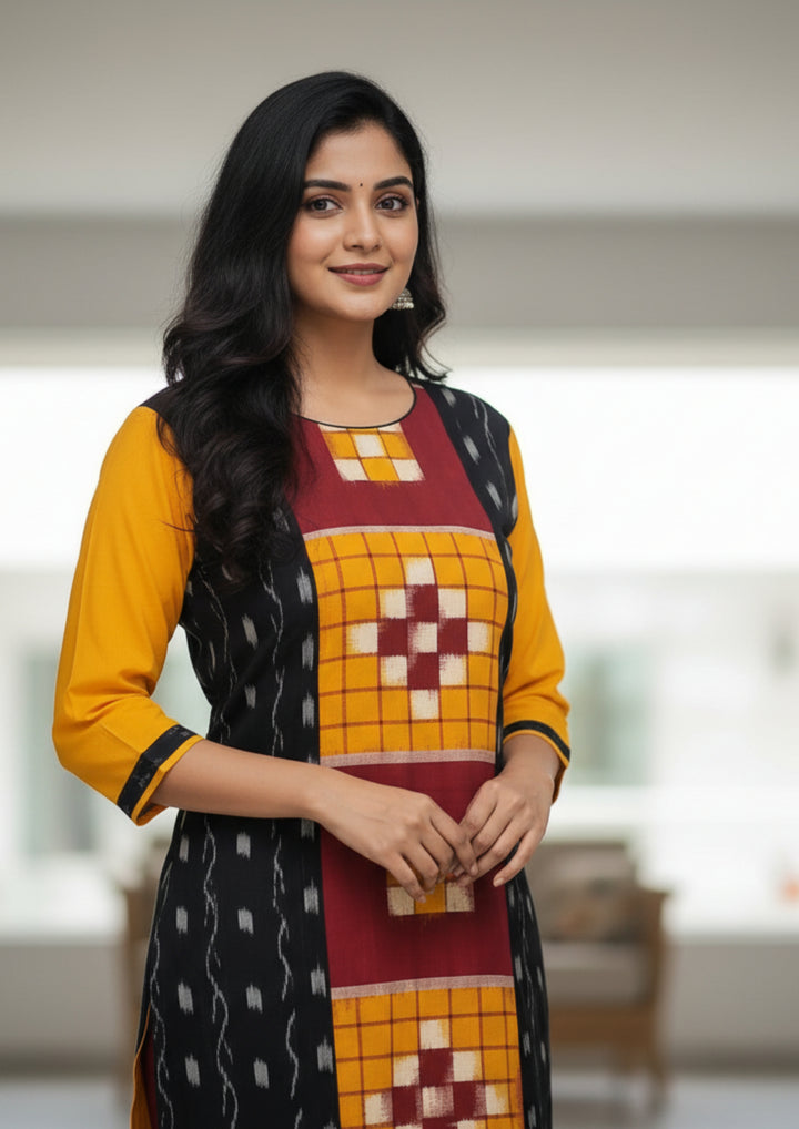 Sambalpuri Women's Kurti - Hand-woven Sapta Design Women Kurti in Yellow