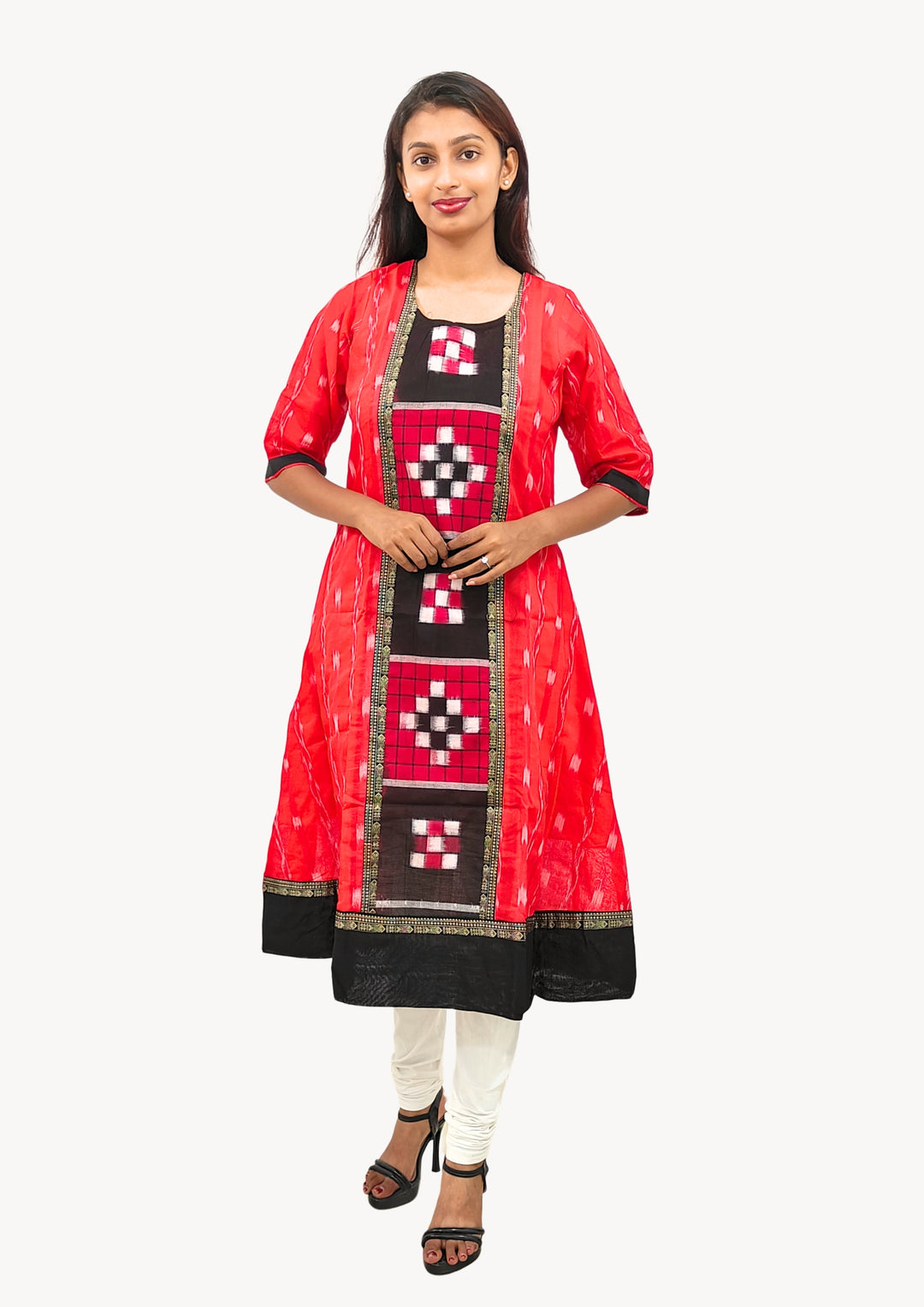 Sambalpuri Women's Gown – Red with Black and White Pasapali Ikat Motif