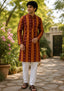 Sambalpuri Men’s Long Kurta – Maroon with Orange Ikat Vertical Stripe