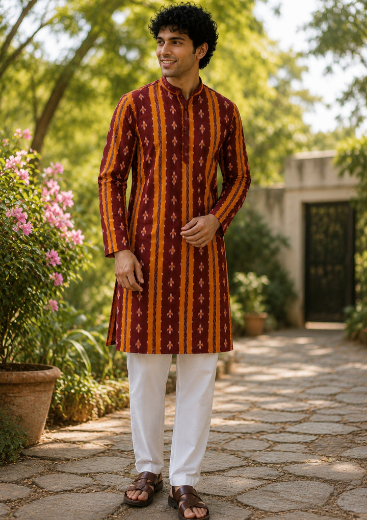 Sambalpuri Men’s Long Kurta – Maroon with Orange Ikat Vertical Stripe